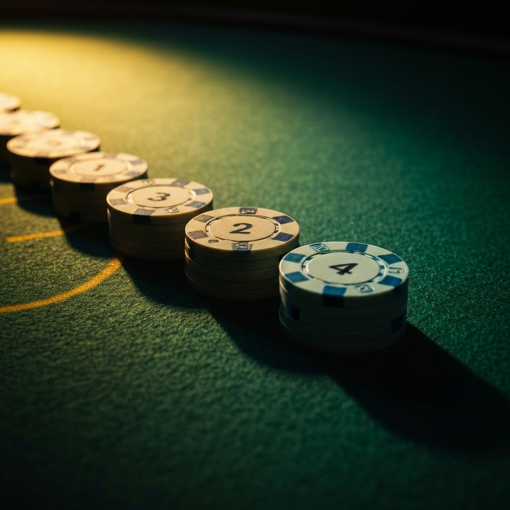 Casino chips arranged in the 1-3-2-4 sequence on a green felt table