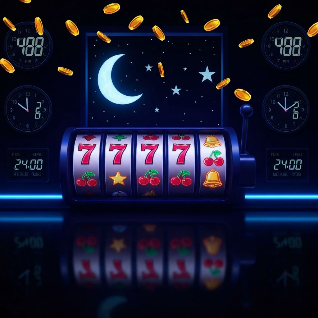 Best time to play slots — neon slot machine glowing at night with golden coins