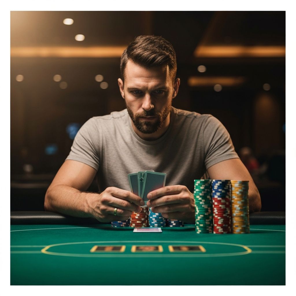 Professional gambler studying strategy at a casino table with stacked chips
